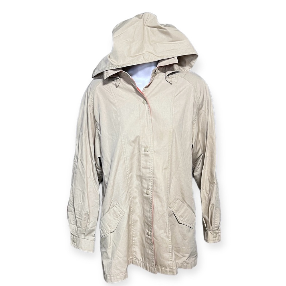 London Fog Beige Women's Hooded Coat Salmon Lining Size 8